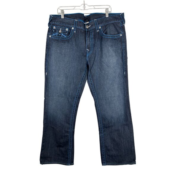True Religion Mens Straight Jeans Size 38X29 Blue Denim Pocket Flaps USA Zip - Picture 1 of 16